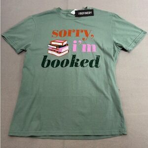 The Refinery District Wash Sorry I'm Booked Graphic Tee Sage Green Small NWT